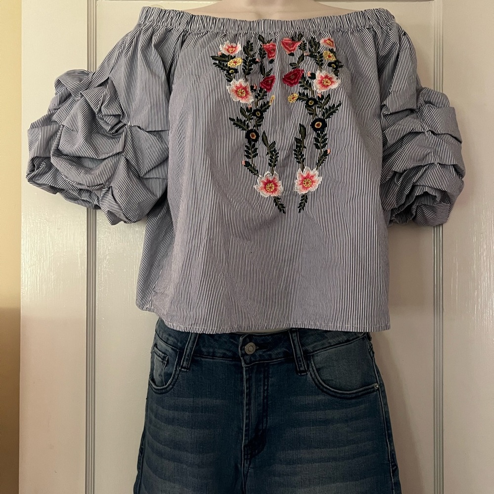 Blue Rain off the shoulder blue pinstripe embroidered top large